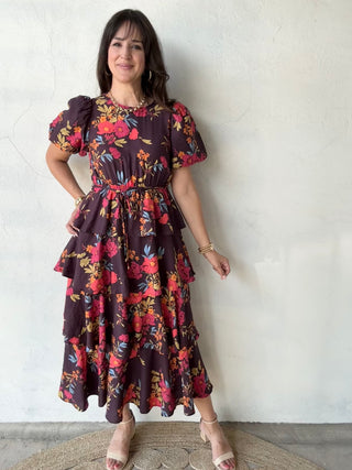 Tiered Floral Short Sleeve Midi Dress | Plum Multi