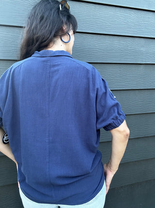 Collared Embroidered Short Sleeve Top | Navy