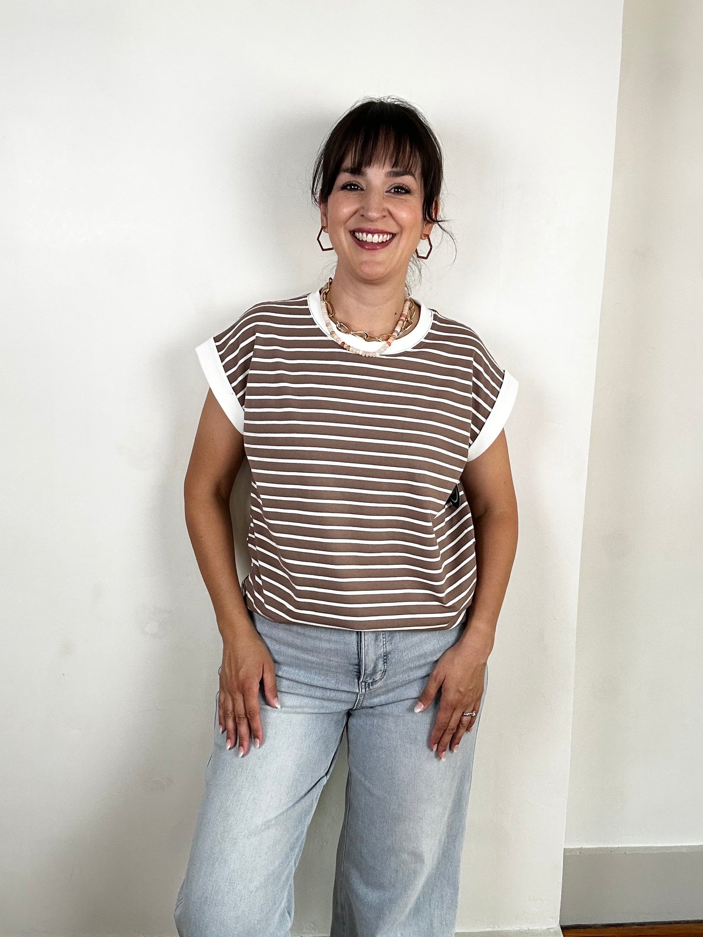 Spaced Stripe Tee w/ Contrast Trim | Mocha + White