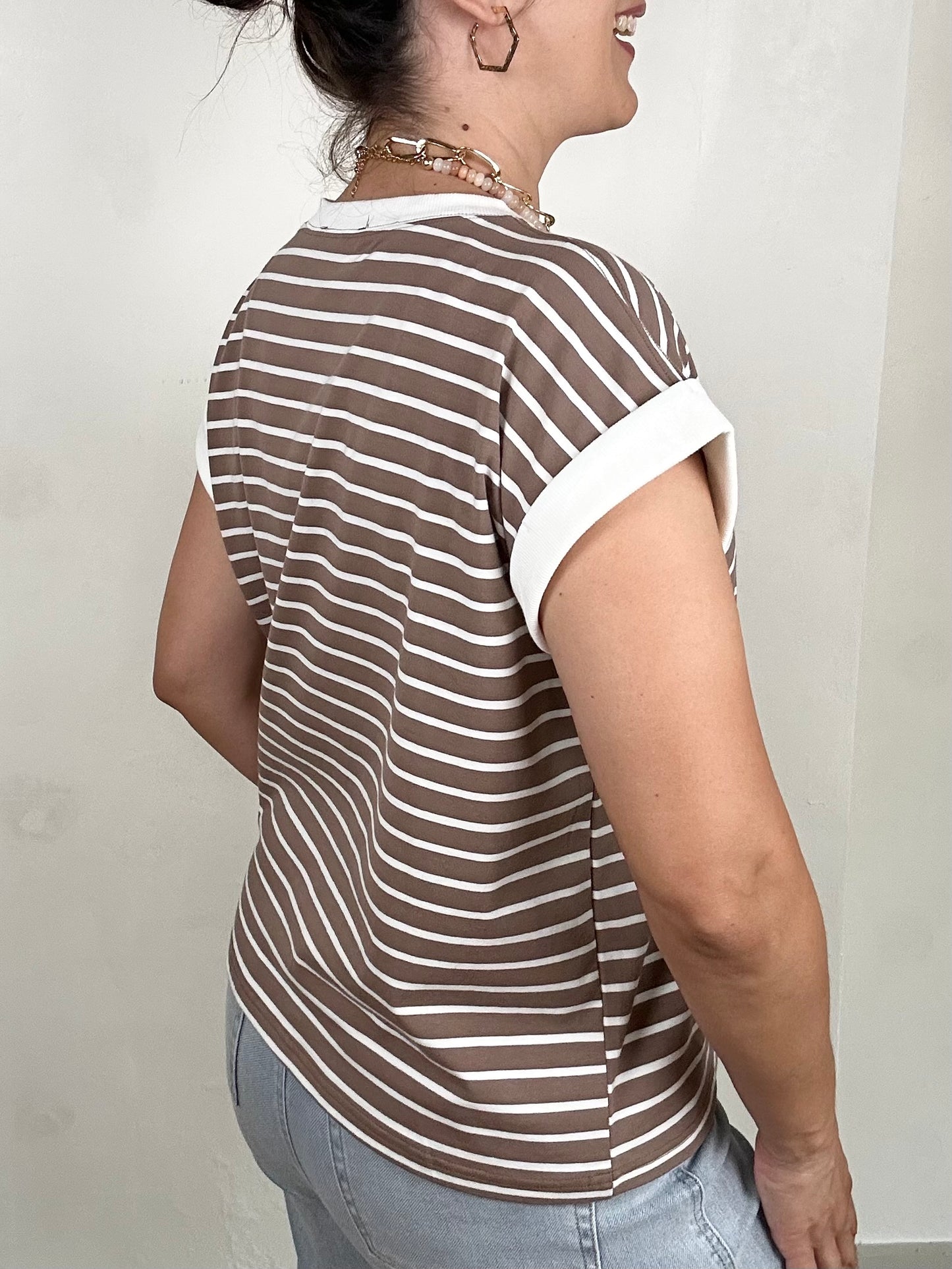 Spaced Stripe Tee w/ Contrast Trim | Mocha + White