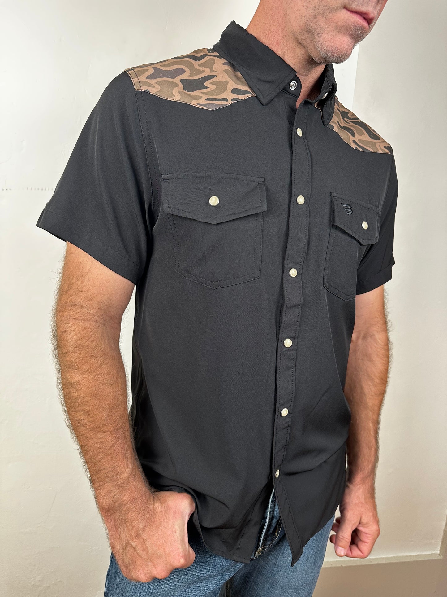 Burlebo | Performance Western Shirt | Deer Szn | Black + Gauge Camo