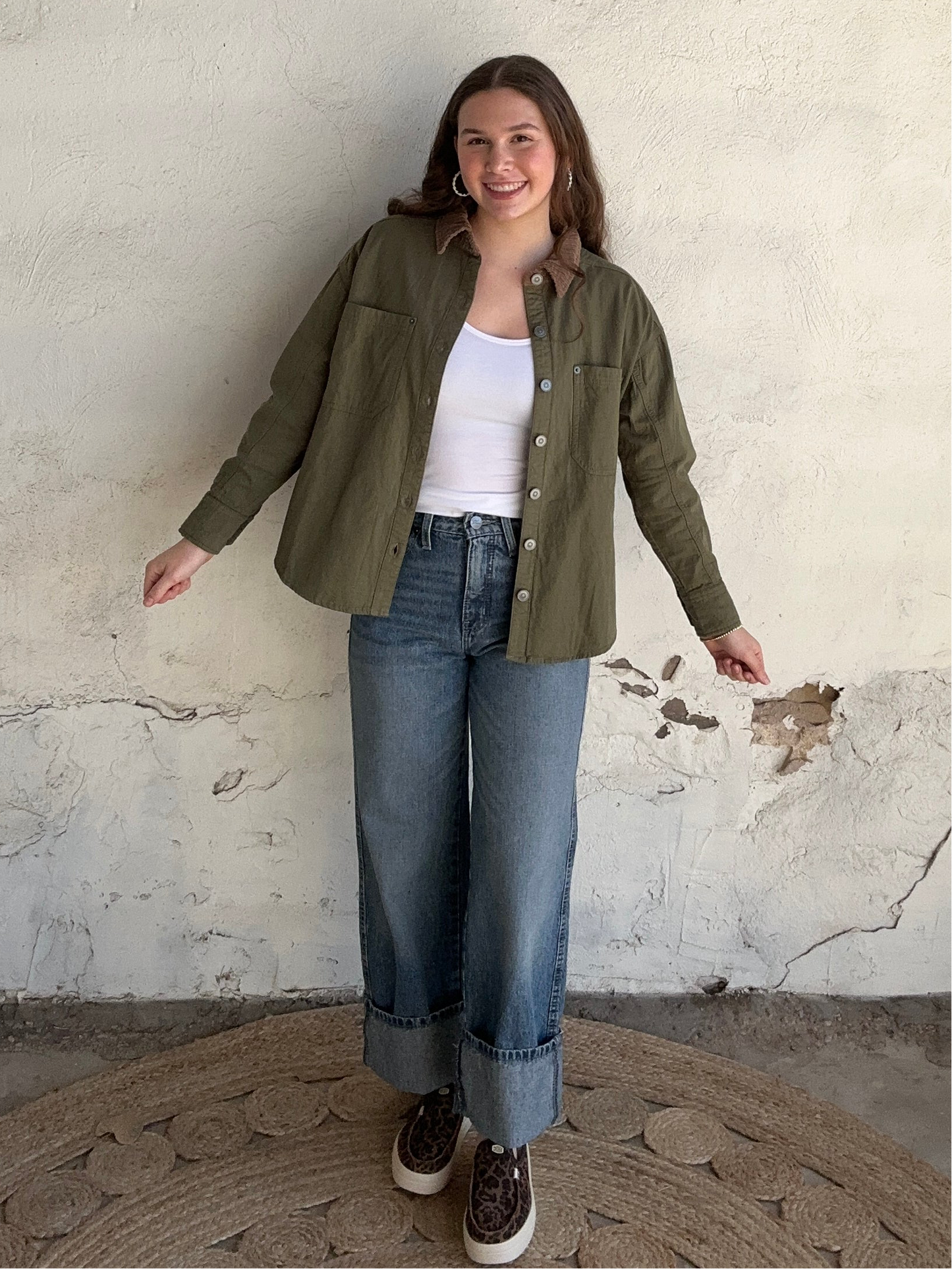 Corduroy Collar Long Sleeve Shacket | Olive