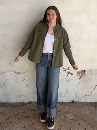 Corduroy Collar Long Sleeve Shacket | Olive