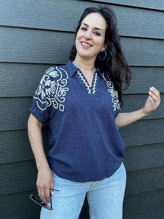 Collared Embroidered Short Sleeve Top | Navy