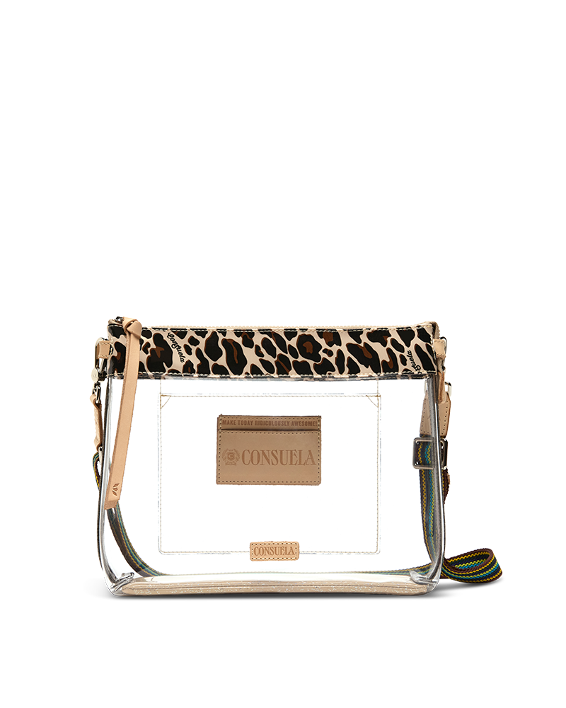 A clear plastic crossbody bag with a leopard print top flap, beige leather trim, and a tan brand patch reading 'CONSUELA'.