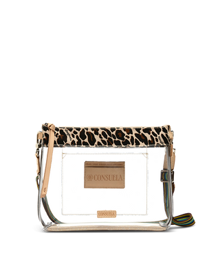 A clear plastic crossbody bag with a leopard print top flap, beige leather trim, and a tan brand patch reading 'CONSUELA'.
