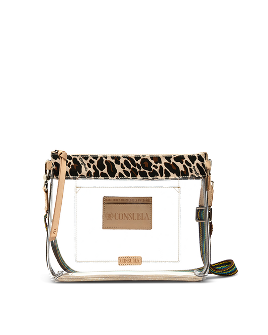A clear plastic crossbody bag with a leopard print top flap, beige leather trim, and a tan brand patch reading 'CONSUELA'.