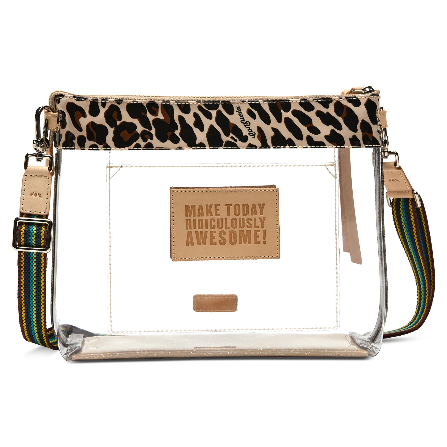 A clear plastic crossbody bag with a leopard print top band, a tan faux-leather patch reading 'MAKE TODAY RIDICULOUSLY AWESOME!', and a multicolor striped shoulder strap on a white background.