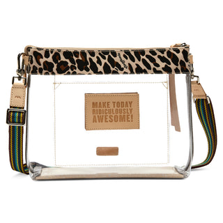 A clear plastic crossbody bag with a leopard print top band, a tan faux-leather patch reading 'MAKE TODAY RIDICULOUSLY AWESOME!', and a multicolor striped shoulder strap on a white background.