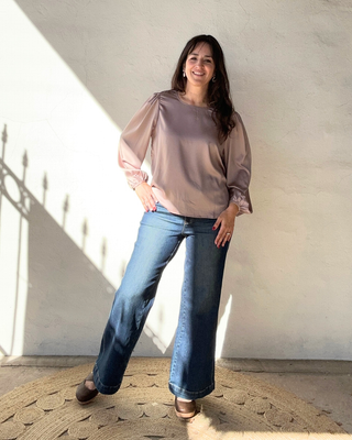 Satin Round Neck Long Sleeve Top Buttoned Cuffs | Coco