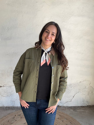 Corduroy Collar Long Sleeve Shacket | Olive