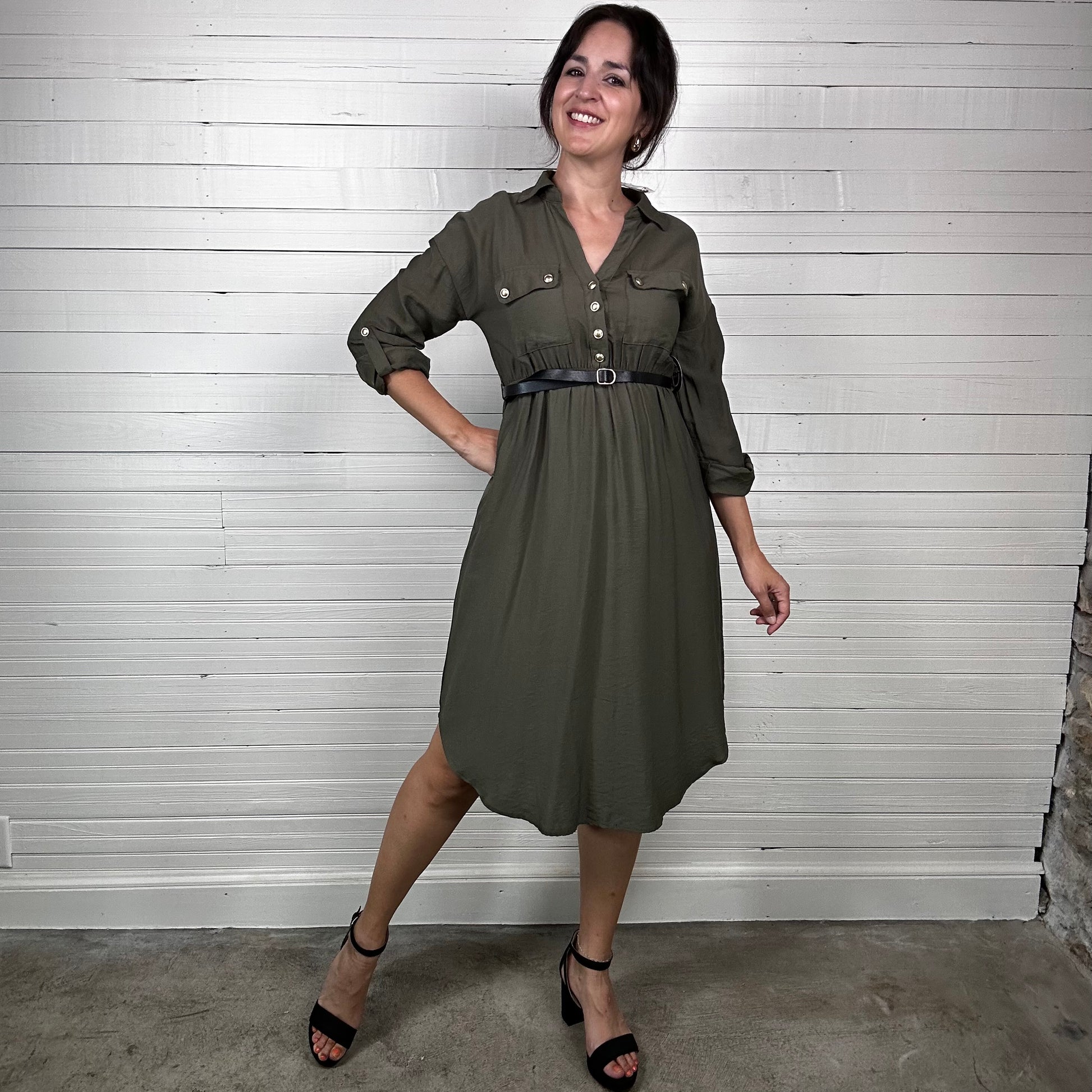 dark olive midi dress Victoria Beckham Rouleaux Detail Midi Dress In Dark Olive - 1425WDR007063A- DARK-OLIVE-4