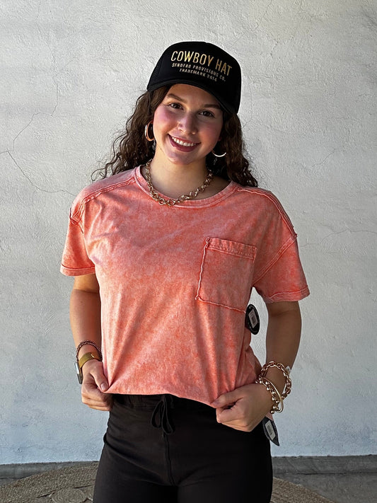 Raw Edge Short Sleeve Top w/ Chest Pocket | Washed Orange