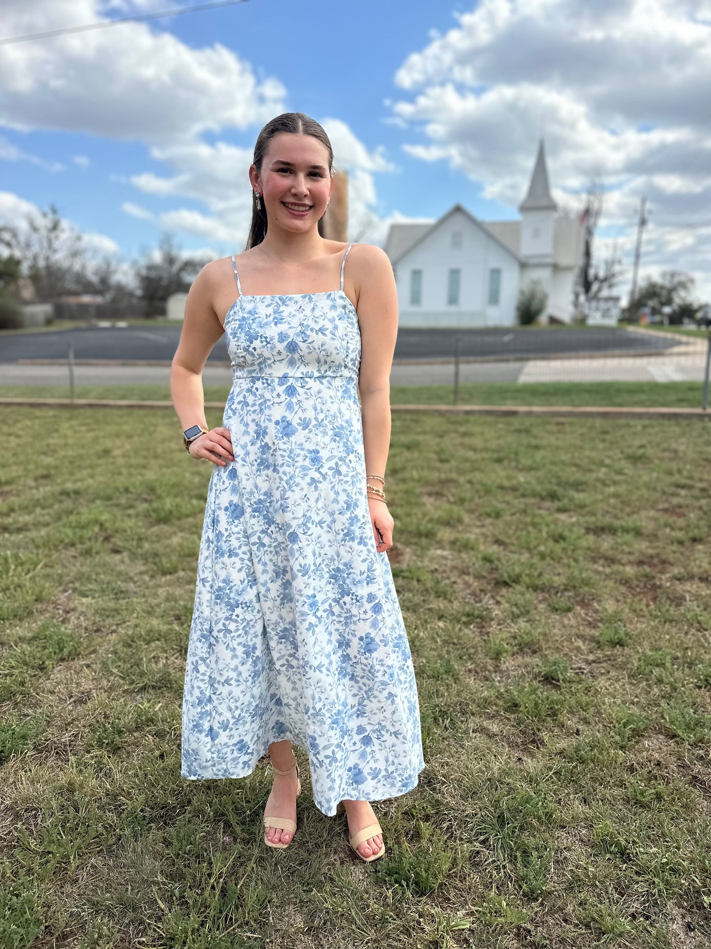 Watercolor Floral Midi Dress | Light Blue