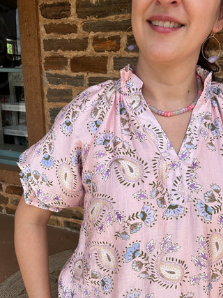 Paisley Floral Short Sleeve Top | Pink + Multi