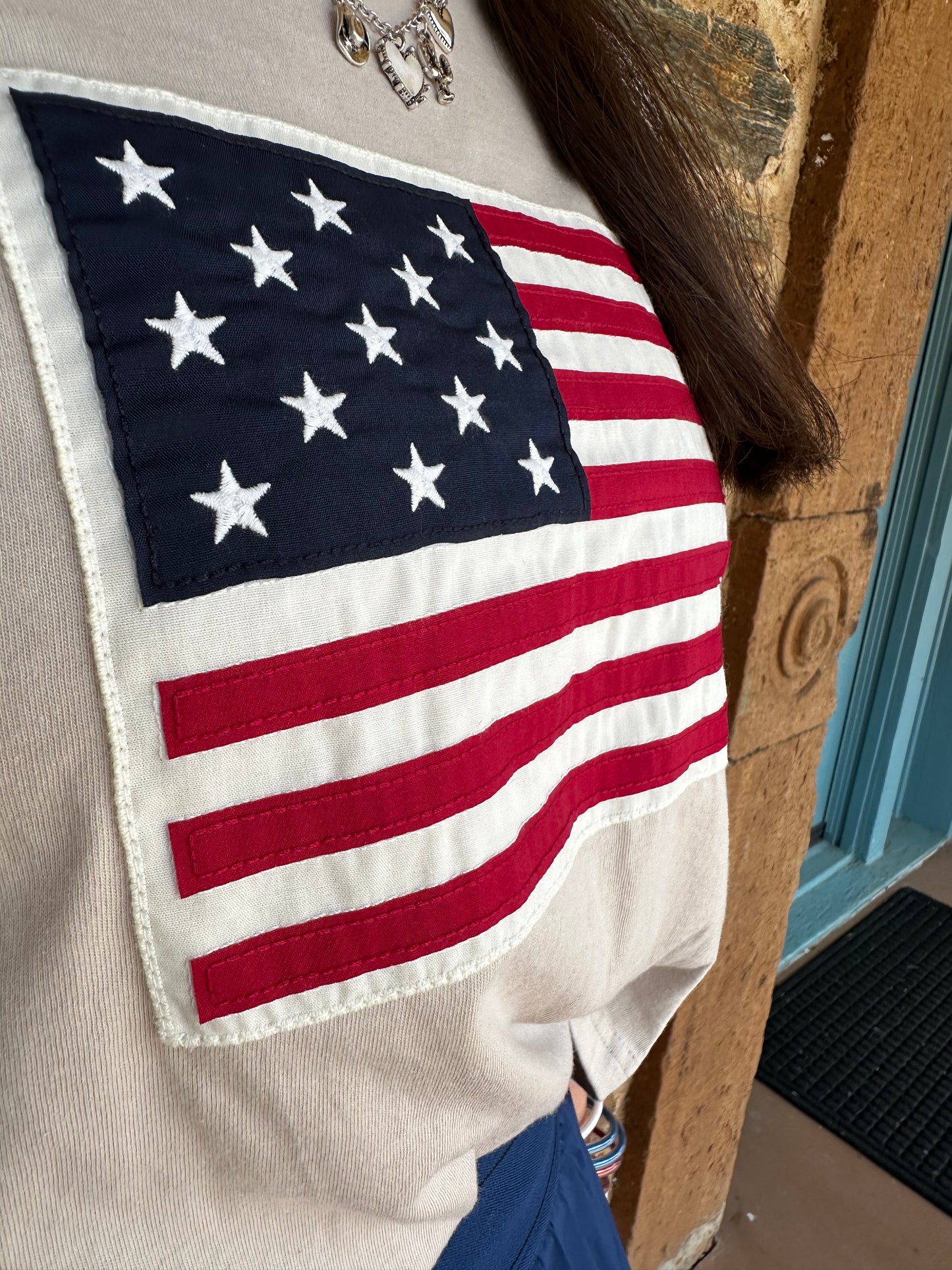 USA Flag Patch Crop Tee | Sand Beige