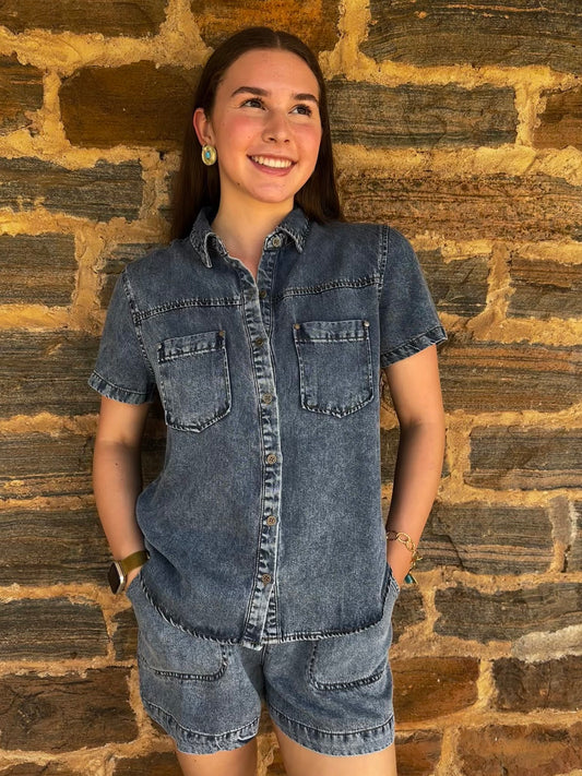 Denim Set | Short Sleeve Top + Shorts | Chambray