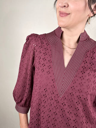 Eyelet 3/4 Sleeve Top | Burgundy