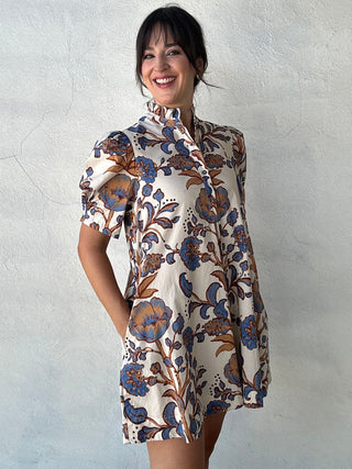 Fancy Floral Short Sleeve Mini Dress | Ecru