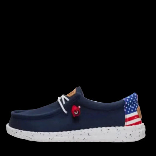 Navy blue shoe with American flag design on a white background