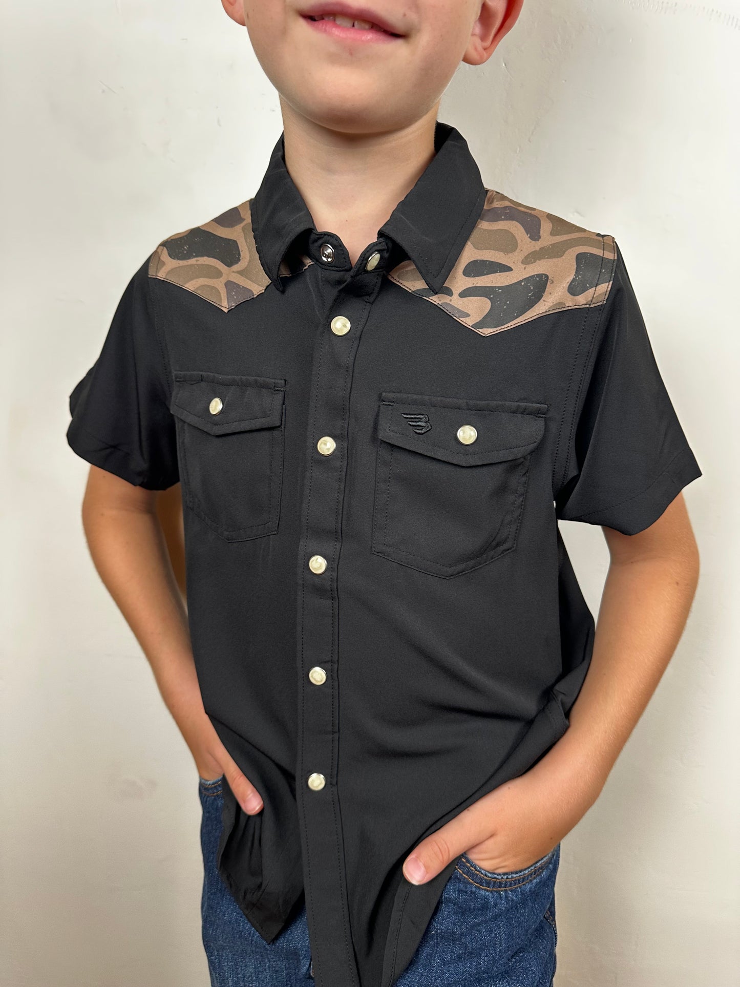 BURLEBO | YOUTH | Performance Western Shirt | Deer Szn | Black + Gauge Camo