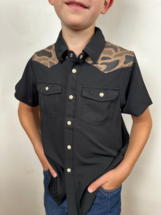 Burlebo | YOUTH | Performance Western Shirt | Deer Szn | Black + Gauge Camo
