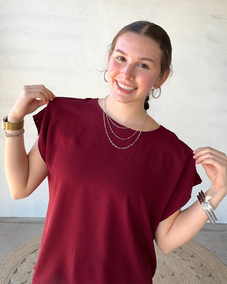 Short Sleeve Round Neck Blouse | Merlot