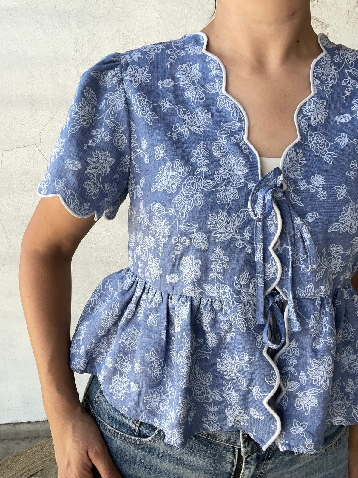 Floral Embroidered + Scalloped Peplum Top | Denim