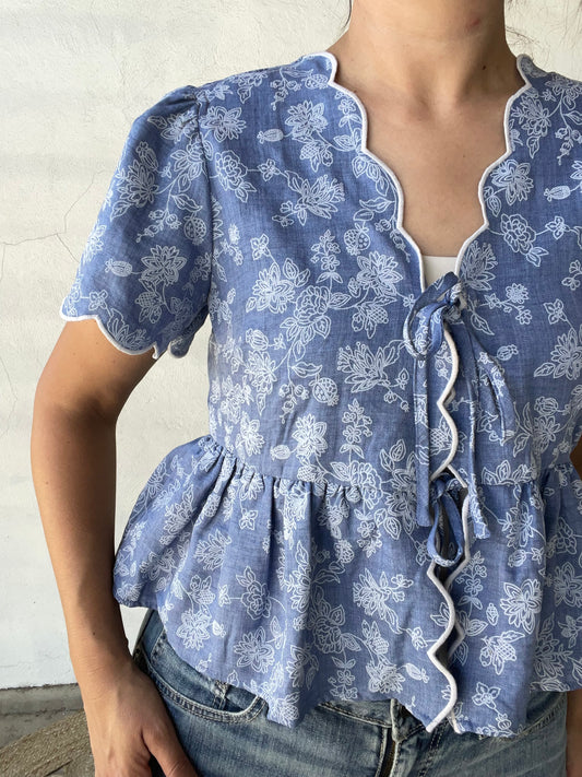 Floral Embroidered + Scalloped Peplum Top | Denim