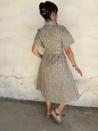 Printed Stripe Short Sleeve Midi Dress | Brown + Multi