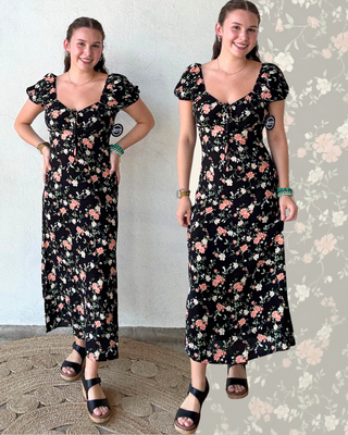 Front Tie Midi Dress | Black + Floral