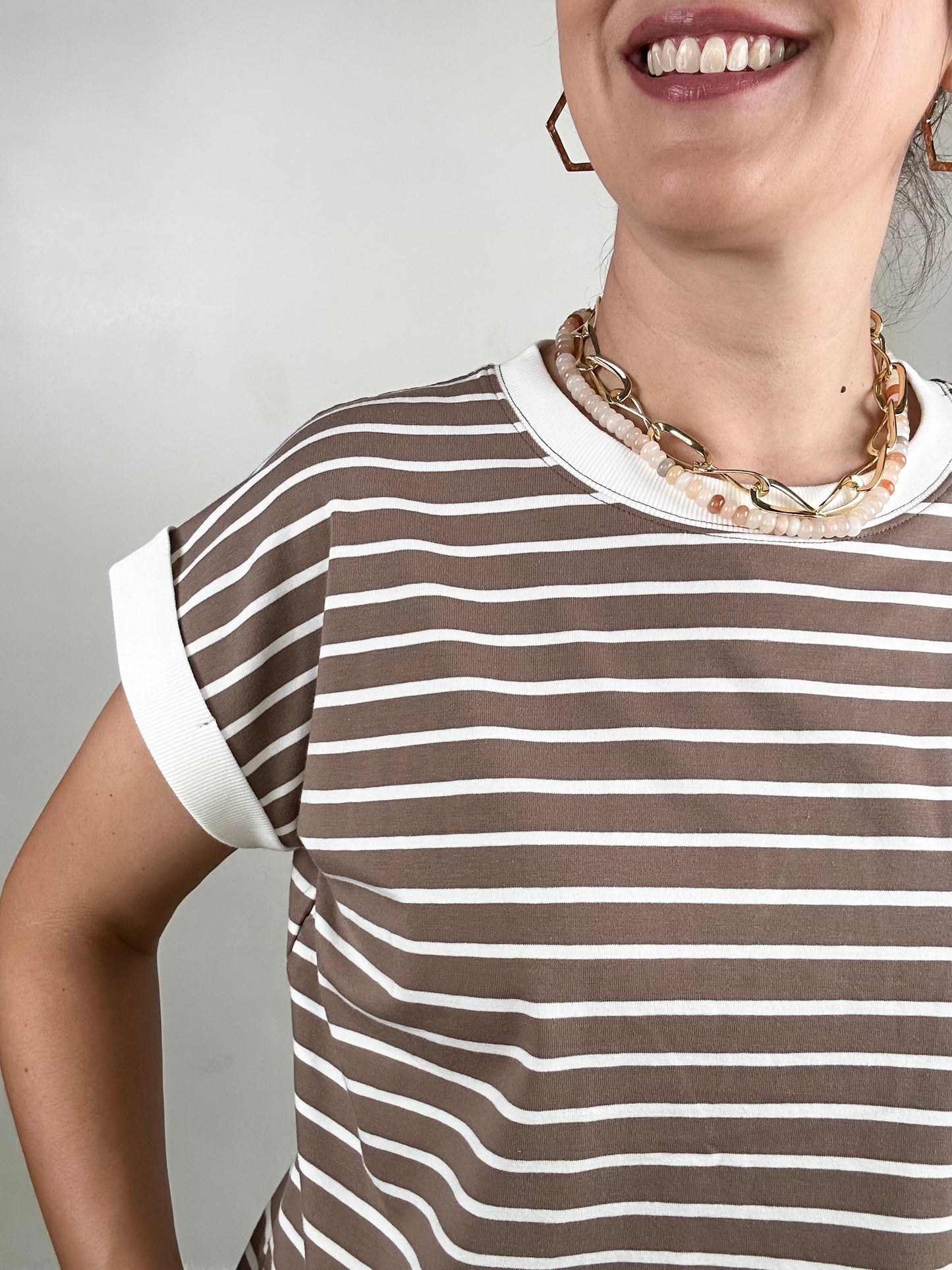 Spaced Stripe Tee w/ Contrast Trim | Mocha + White