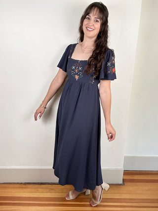 Embroidery Detail Bell Sleeve Midi Dress | Navy + Multi