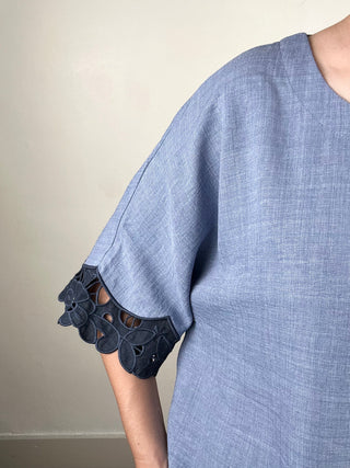 Solid Lace Trim Dolman Short Sleeve Top | Denim + Navy