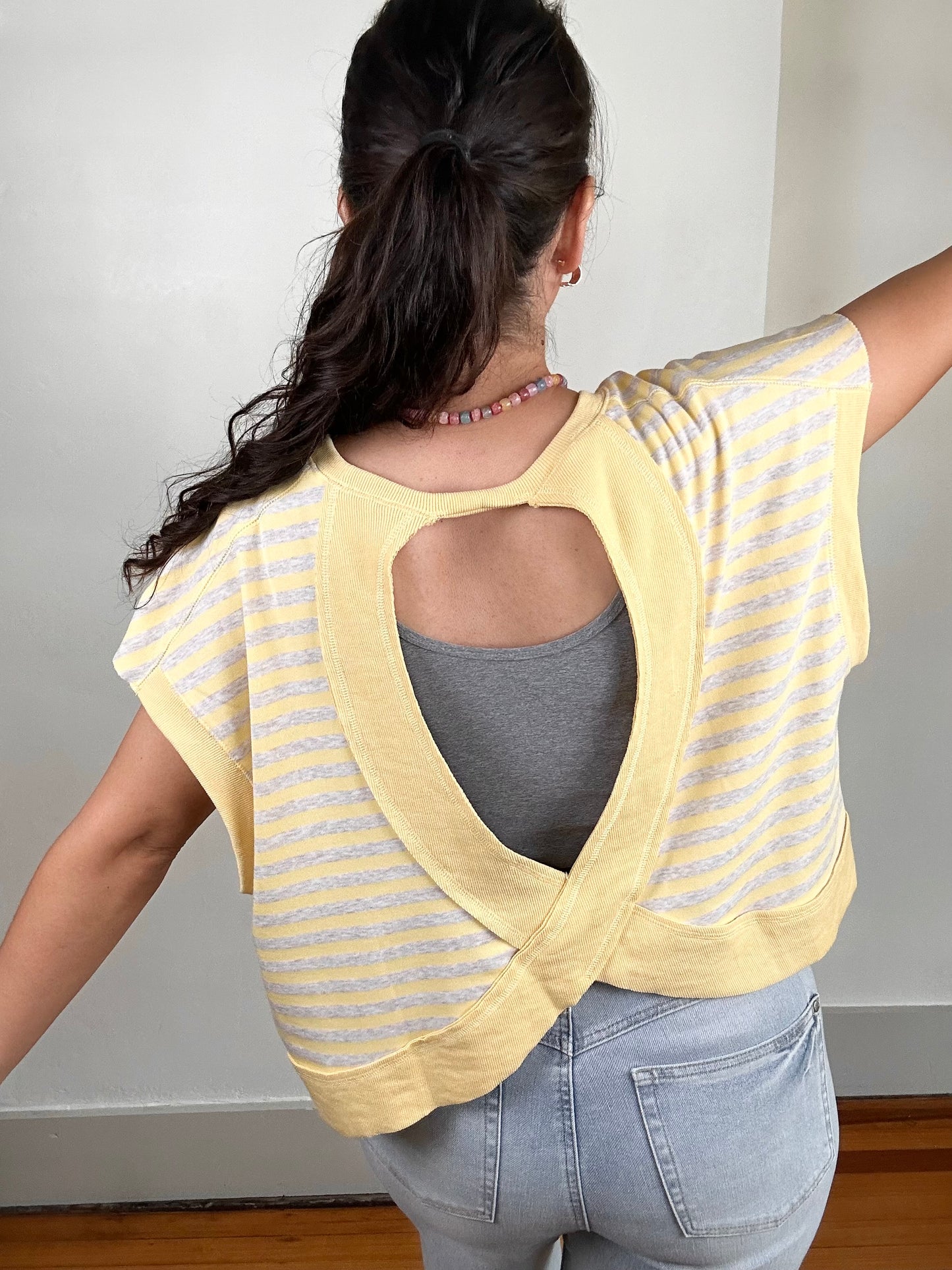 Striped Terry Open Back Short Sleeve Top | Yellow + Heather Oatmeal