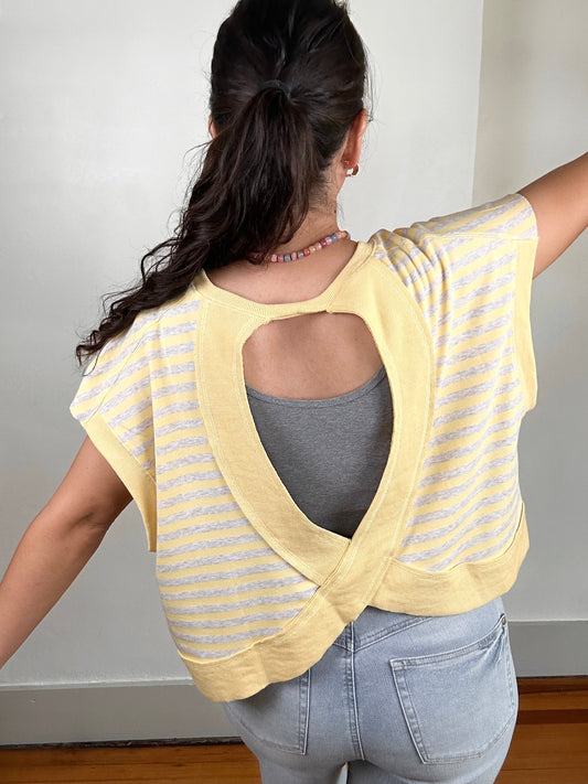 Striped Terry Open Back Short Sleeve Top | Yellow + Heather Oatmeal
