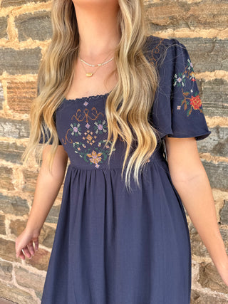 Embroidery Detail Bell Sleeve Midi Dress | Navy + Multi