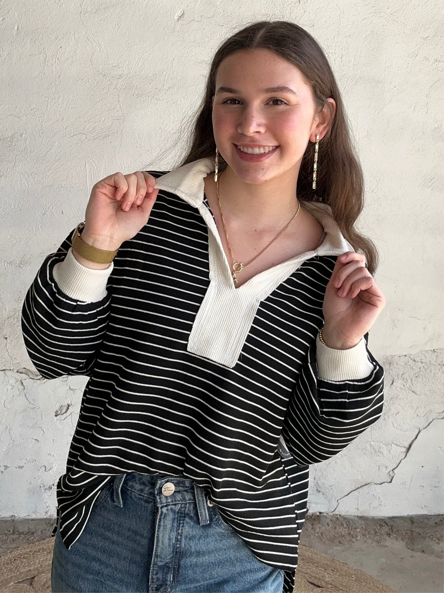 Stripe Collar Long Sleeve Knit Top | Black + White