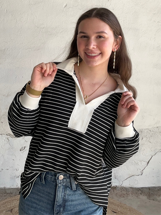 Stripe Collar Long Sleeve Knit Top | Black + White