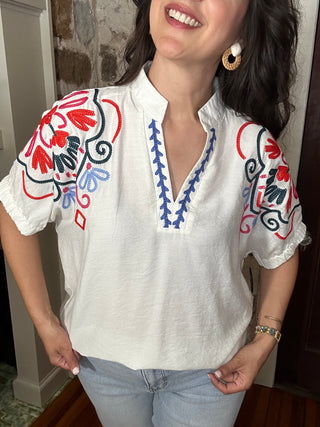 Embroidered Short Sleeve Top | Cream