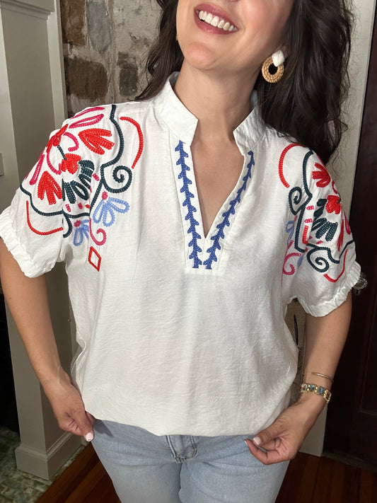 Embroidered Short Sleeve Top | Cream