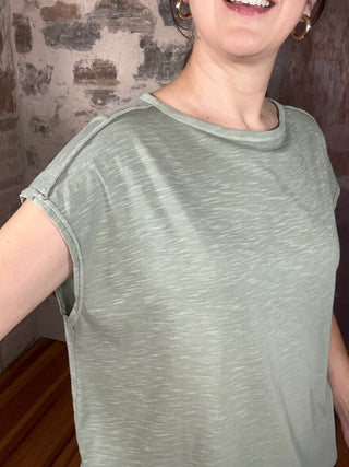 Slub Oversized Short Sleeve Top | Light Olive Green
