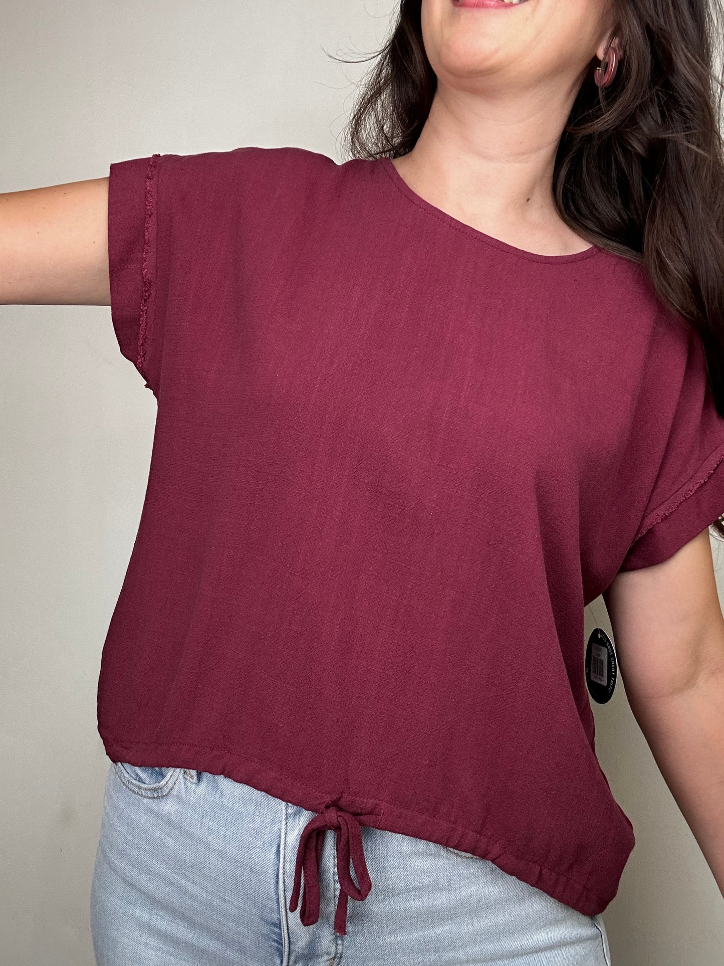 Drawstring Short Sleeve Linen Blend Top | Merlot