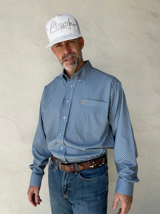 Cinch Classic Fit Arenaflex Mens Long Sleeve Geometric Print Navy Blue Tan