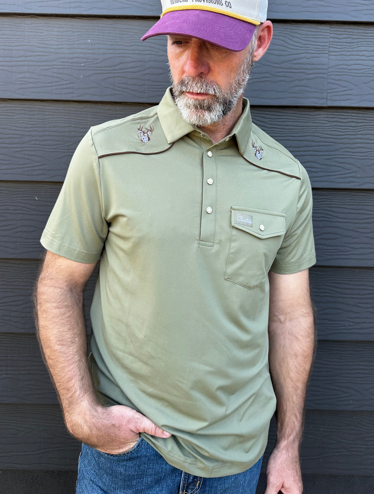 Burlebo | Pearl Snap Performance Polo | Green - Whitetail
