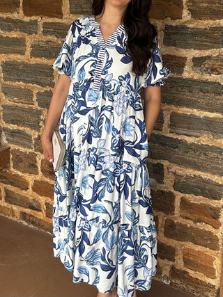 Tropical Midi Dress | Navy + Cream