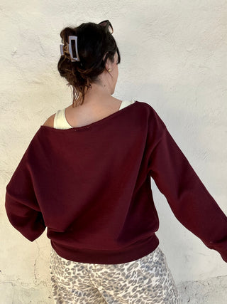 French Terry Fleece Off Shoulder Sweatshirt | Dark Cherry