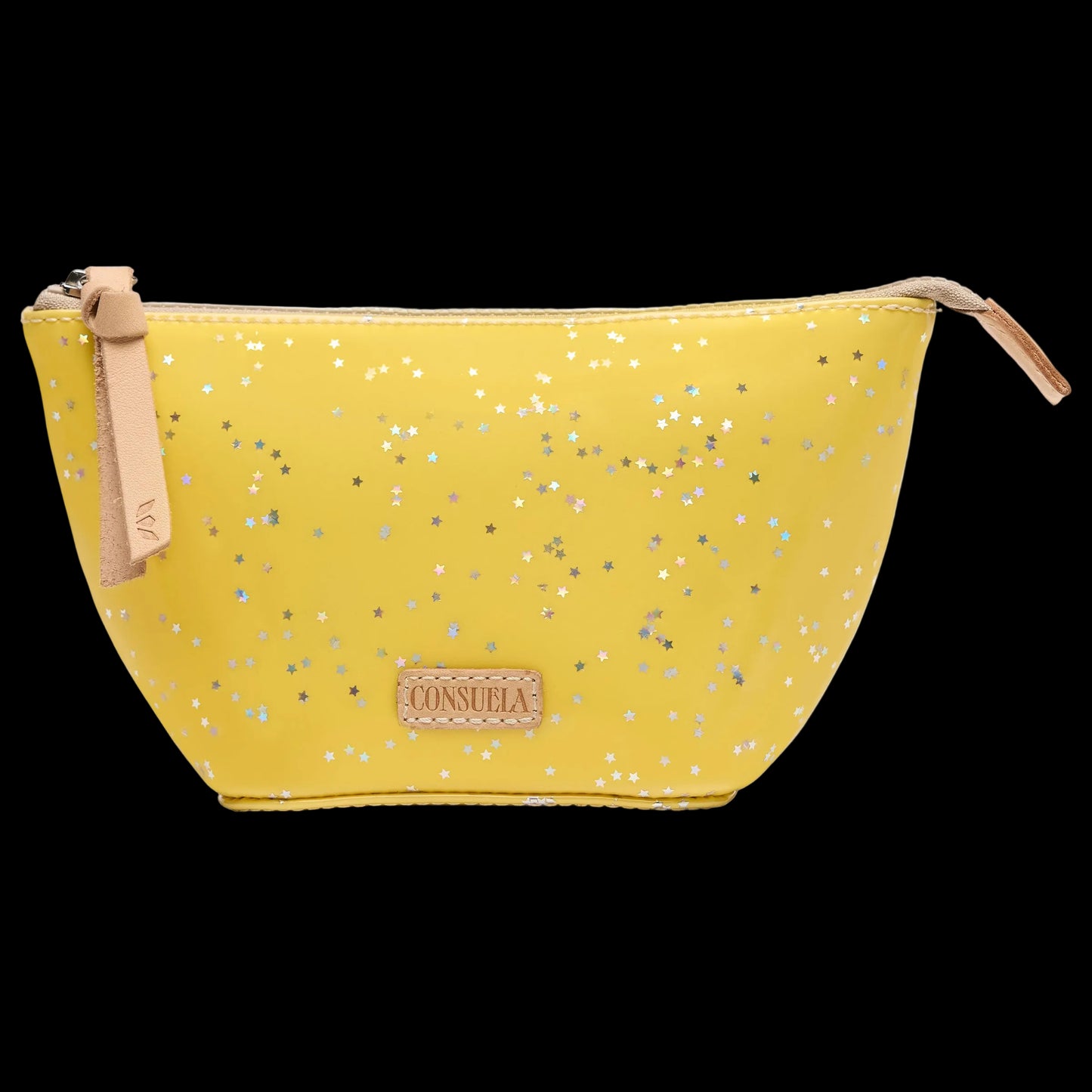 Yellow cosmetic bag with glitter pattern and visible brand logo on a white background