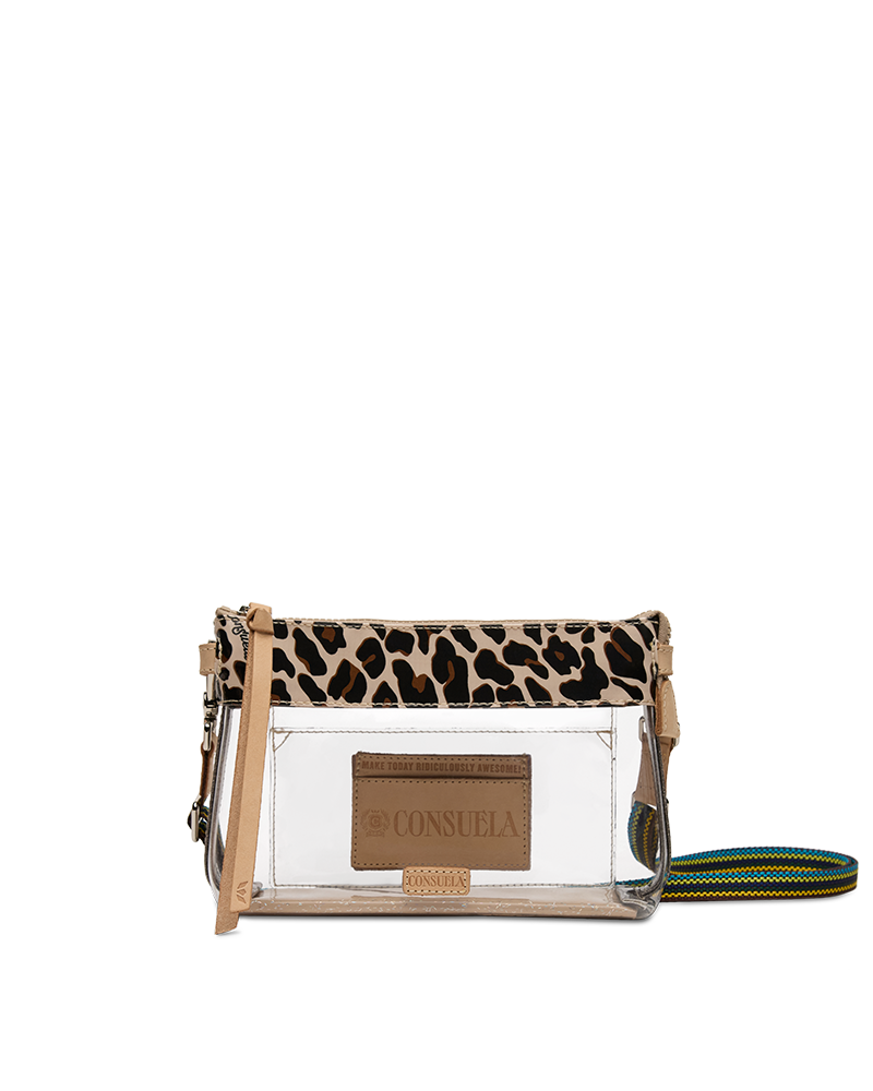 A clear plastic crossbody bag with a leopard print flap, beige trim, and a green and blue striped strap, shown on a white background.