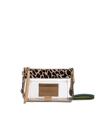 A clear plastic crossbody bag with a leopard print flap, beige trim, and a green and blue striped strap, shown on a white background.